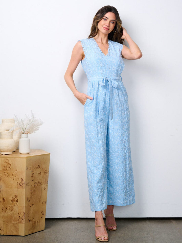 WOMEN'S SLEEVELESS V-NECK POCKETS EYELET DETAILED WIDE LEG JUMPSUIT