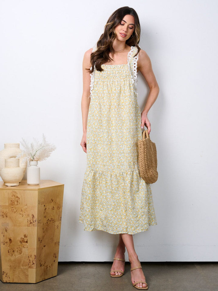 WOMEN'S SLEEVELESS RUFFLE SMOCK TIERED FLORAL TUNIC MAXI DRESS