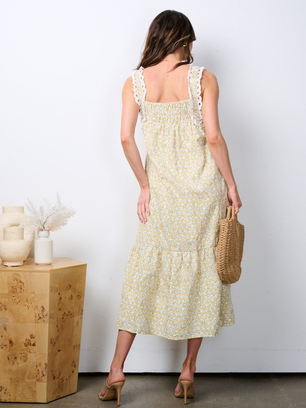 WOMEN'S SLEEVELESS RUFFLE SMOCK TIERED FLORAL TUNIC MAXI DRESS