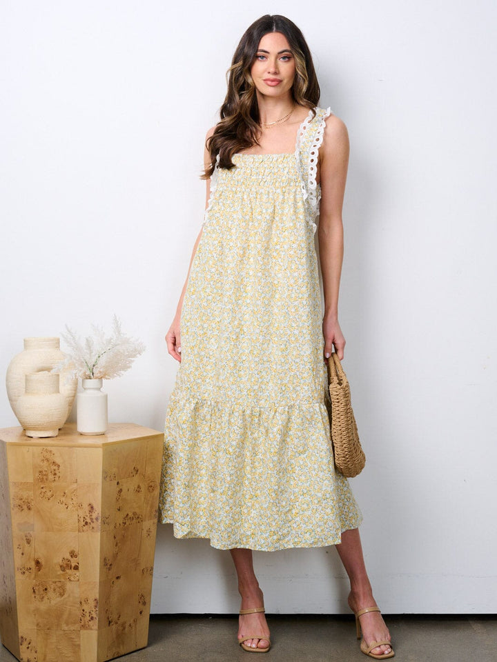 WOMEN'S SLEEVELESS RUFFLE SMOCK TIERED FLORAL TUNIC MAXI DRESS