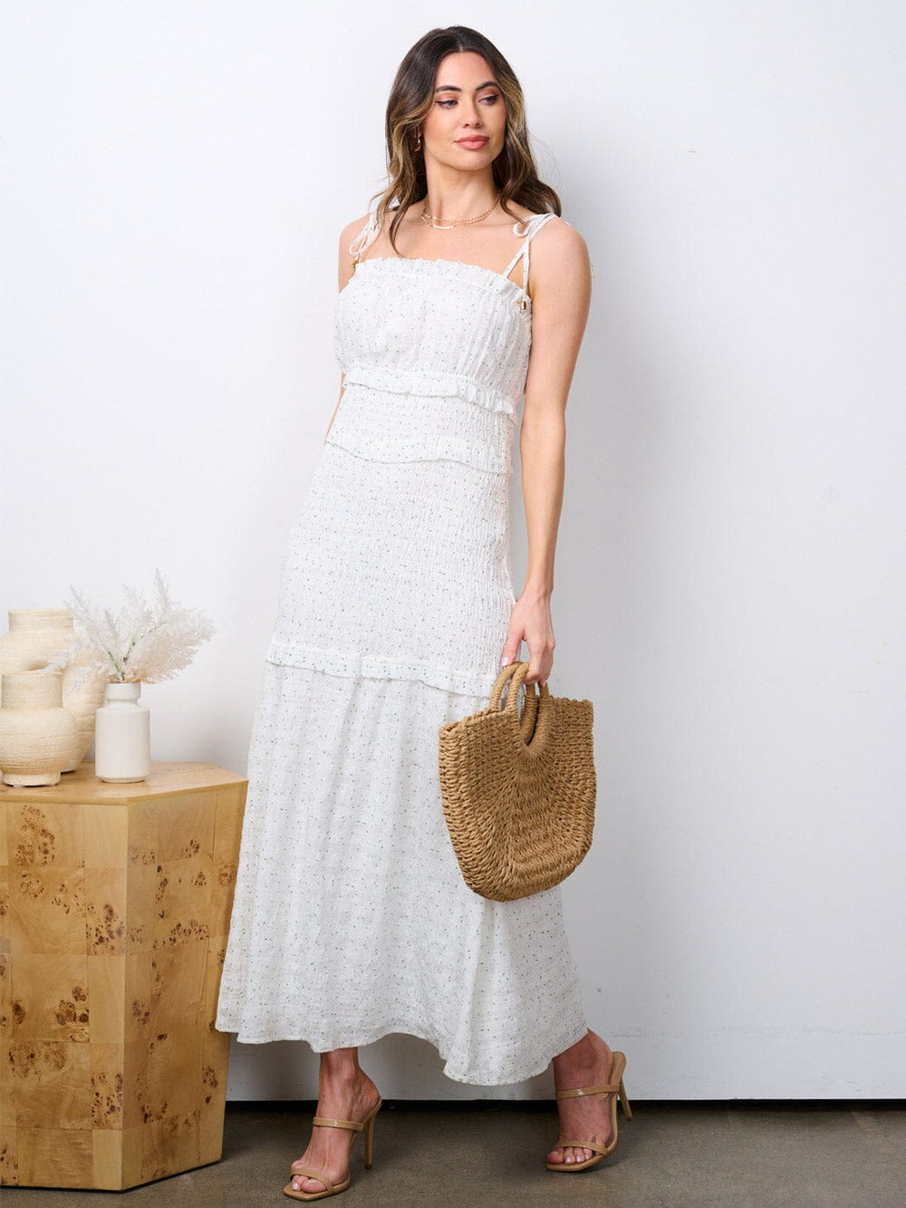 WOMEN'S SLEEVELESS SMOCK TIERED PRINTED MAXI DRESS