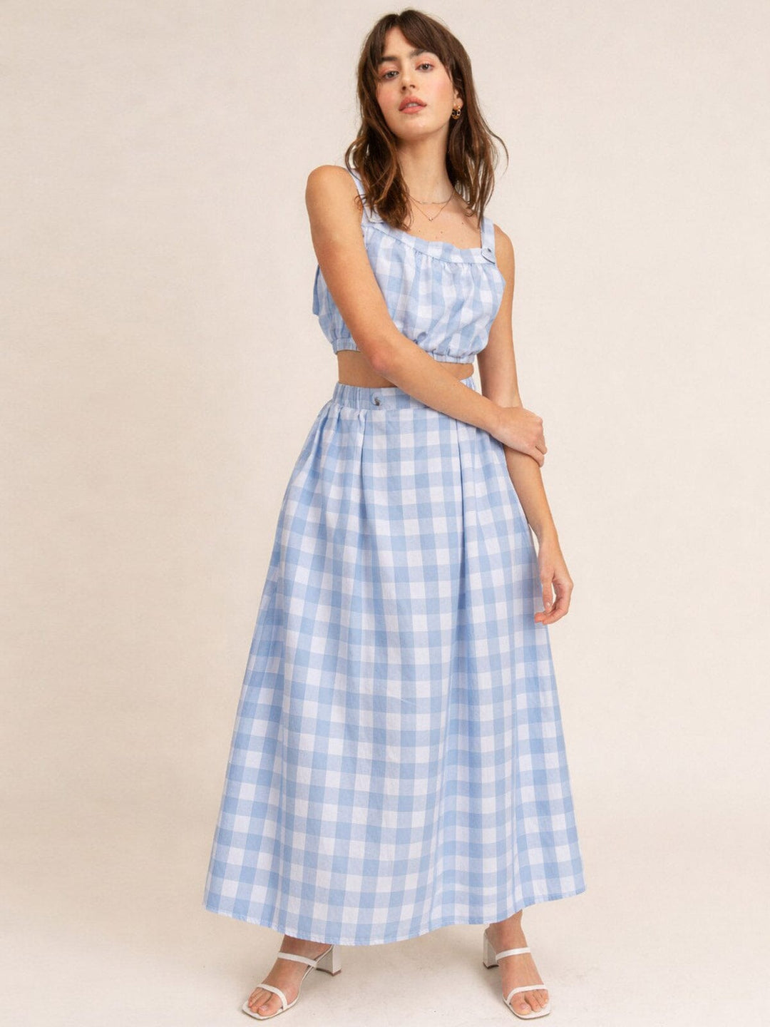 JUST ME WOMEN'S SLEEVELESS CROP TOP & ELASTIC WAIST MAXI SKIRT PLAID 2PC. SET
