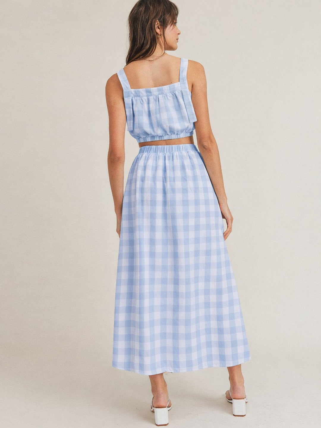 JUST ME WOMEN'S SLEEVELESS CROP TOP & ELASTIC WAIST MAXI SKIRT PLAID 2PC. SET