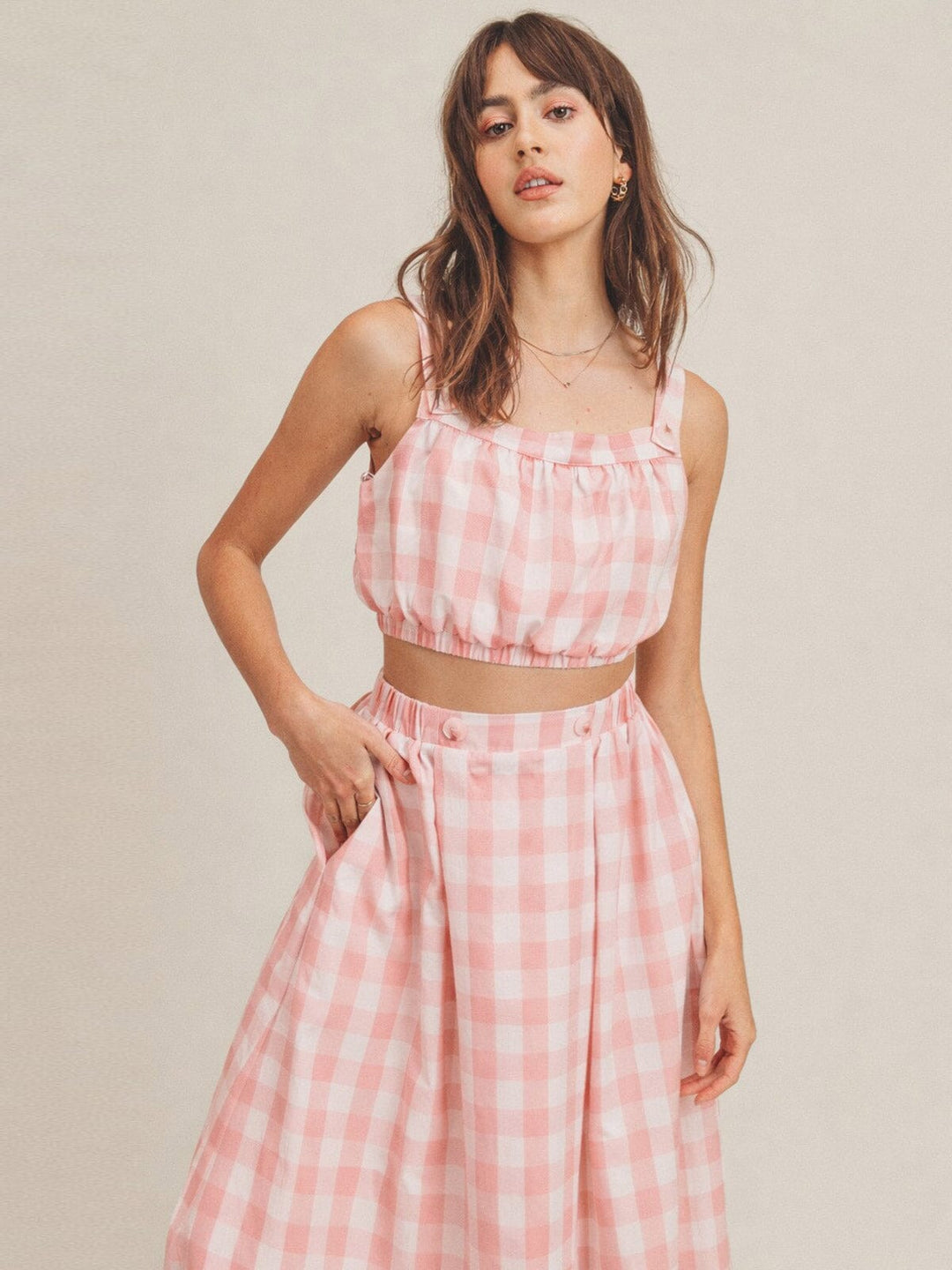 JUST ME WOMEN'S SLEEVELESS CROP TOP & ELASTIC WAIST MAXI SKIRT PLAID 2PC. SET