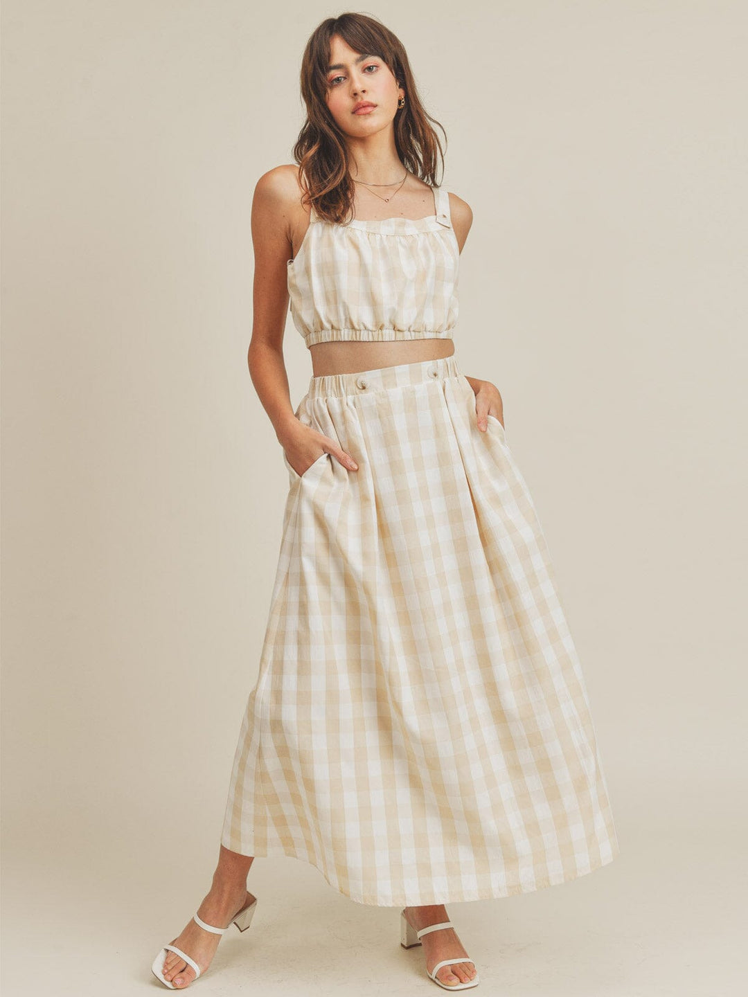 JUST ME WOMEN'S SLEEVELESS CROP TOP & ELASTIC WAIST MAXI SKIRT PLAID 2PC. SET