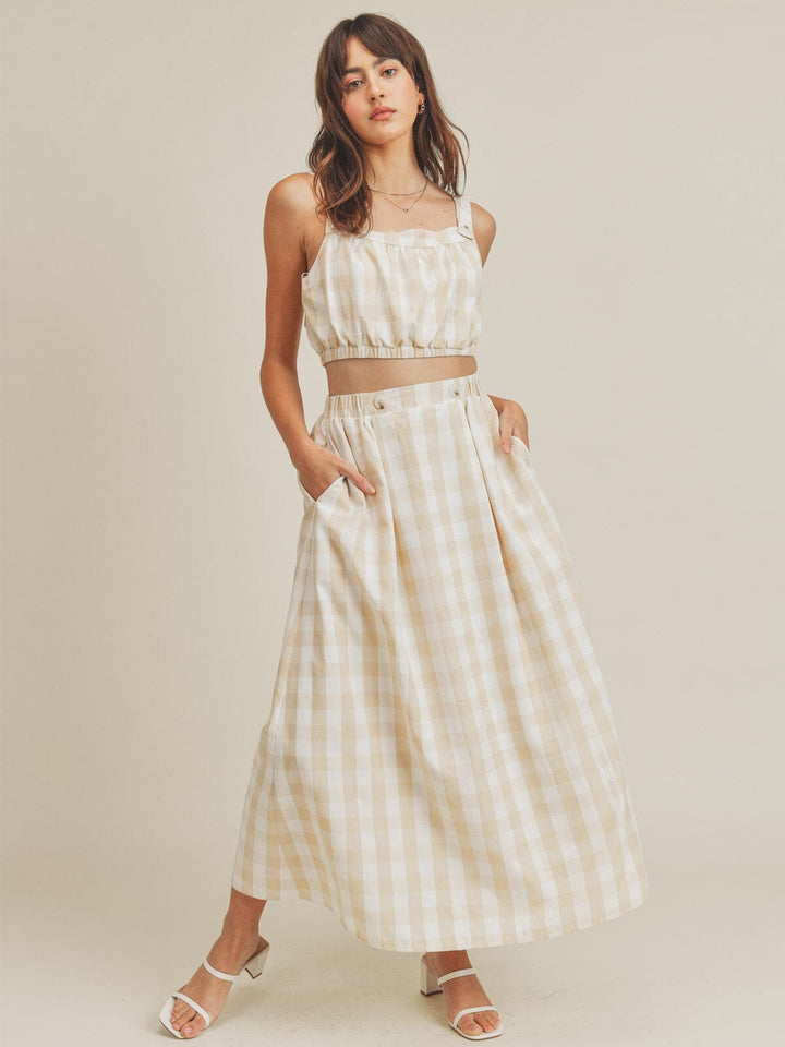 JUST ME WOMEN'S SLEEVELESS CROP TOP & ELASTIC WAIST MAXI SKIRT PLAID 2PC. SET