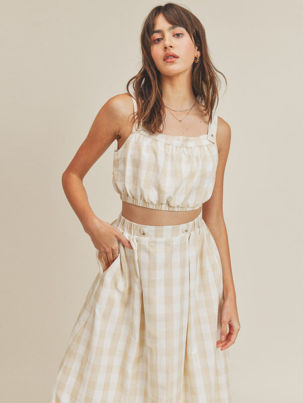 JUST ME WOMEN'S SLEEVELESS CROP TOP & ELASTIC WAIST MAXI SKIRT PLAID 2PC. SET