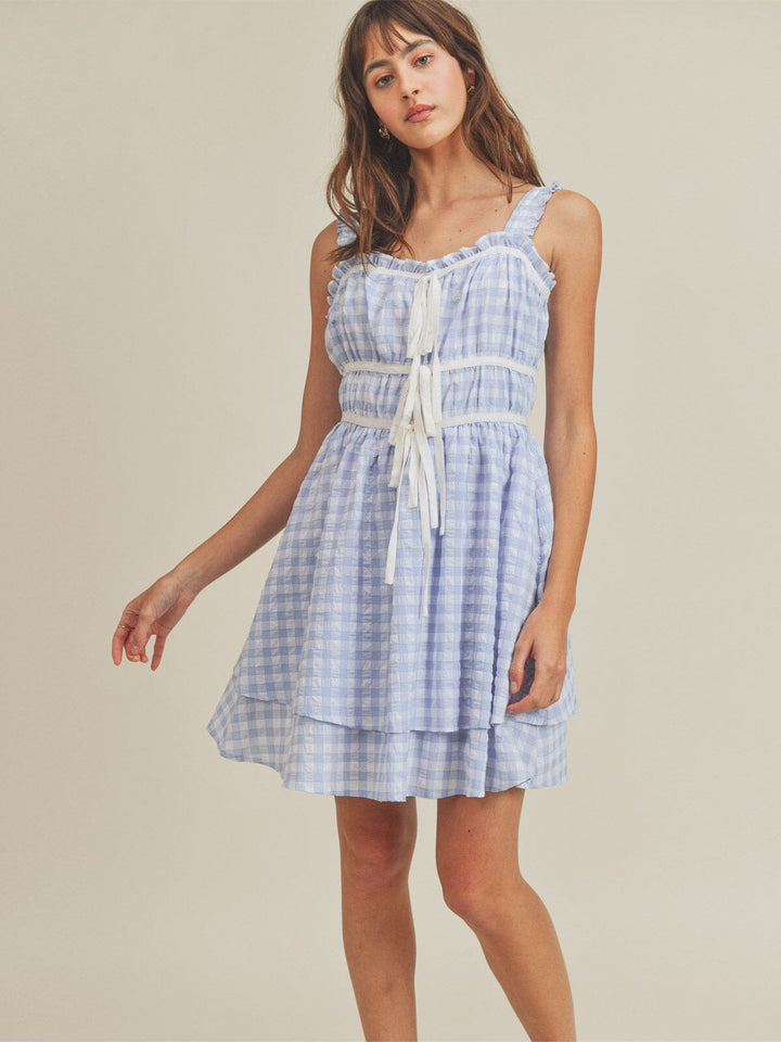 JUST ME WOMEN'S SLEEVELESS ELASTIC WAIST HIGH-LOW PLAID MINI DRESS