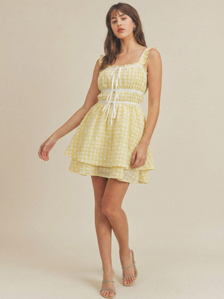 JUST ME WOMEN'S SLEEVELESS ELASTIC WAIST HIGH-LOW PLAID MINI DRESS