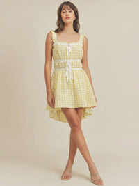 JUST ME WOMEN'S SLEEVELESS ELASTIC WAIST HIGH-LOW PLAID MINI DRESS