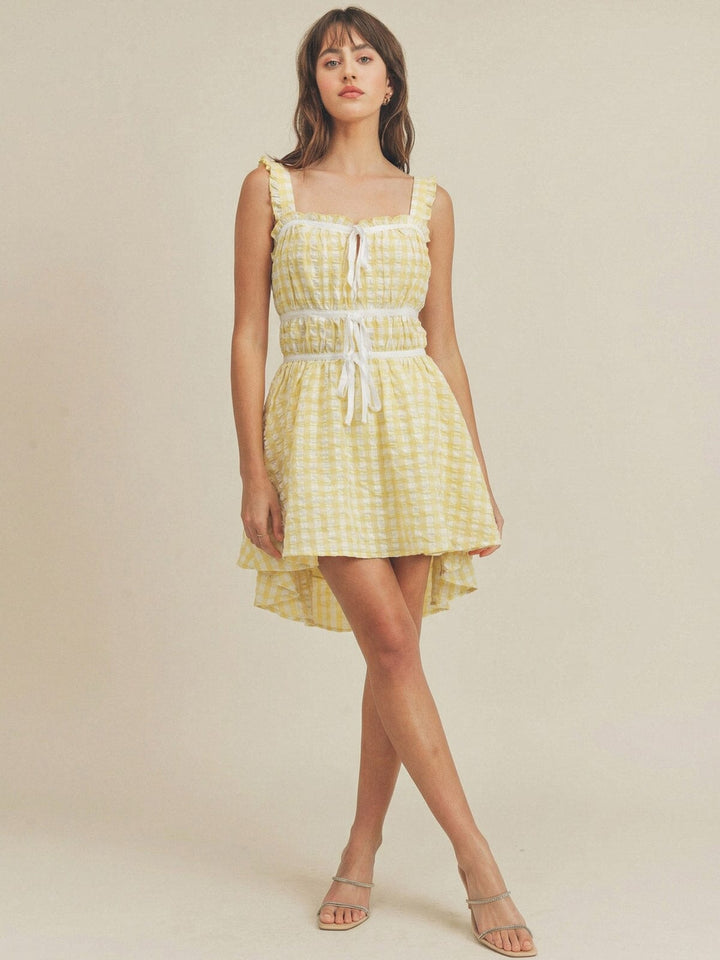 JUST ME WOMEN'S SLEEVELESS ELASTIC WAIST HIGH-LOW PLAID MINI DRESS