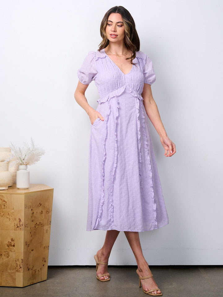 WOMEN'S SHORT PUFF SLEEVE POCKETS V-NECK RUFFLE MAXI DRESS