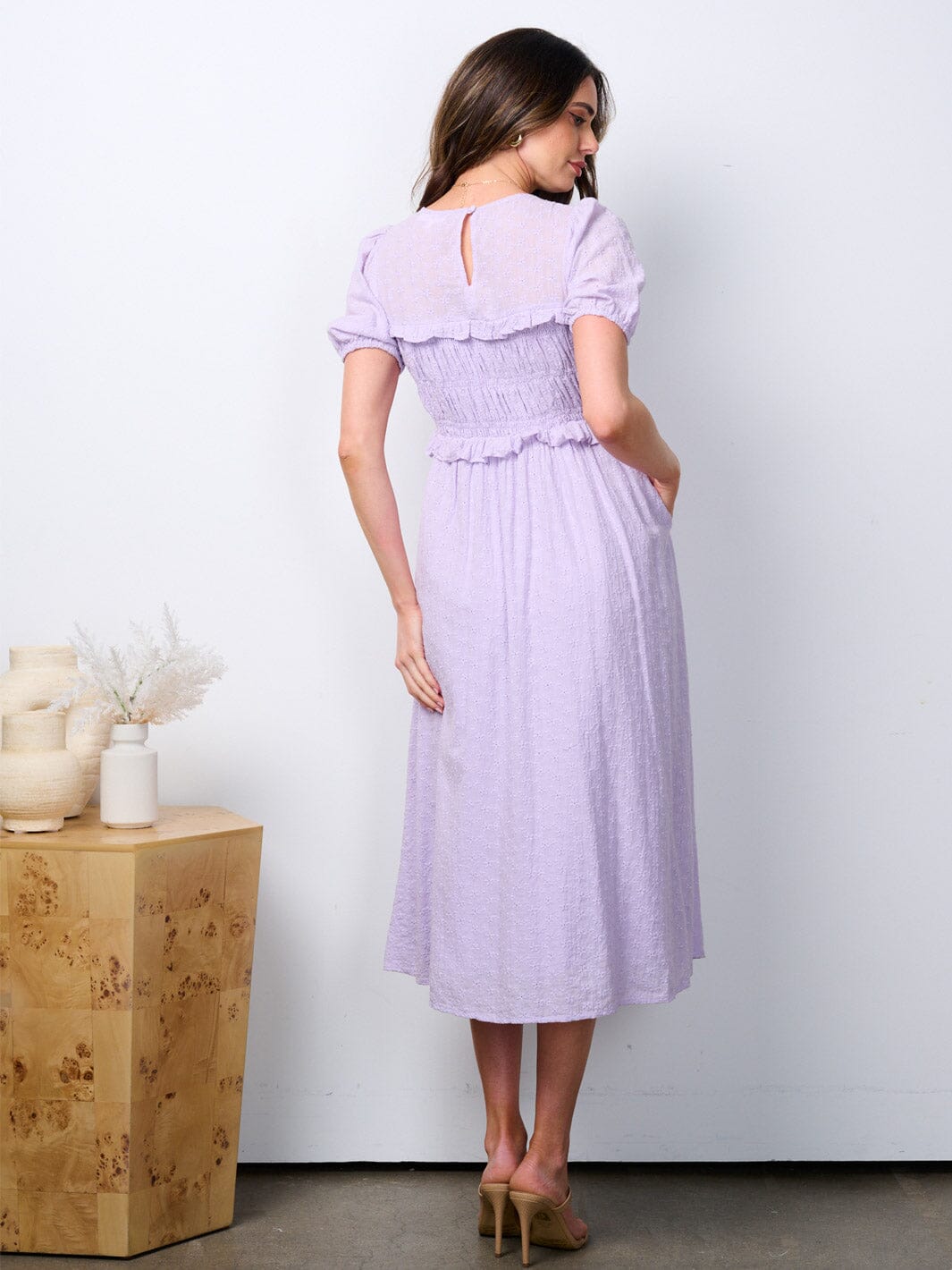 WOMEN'S SHORT PUFF SLEEVE POCKETS V-NECK RUFFLE MAXI DRESS