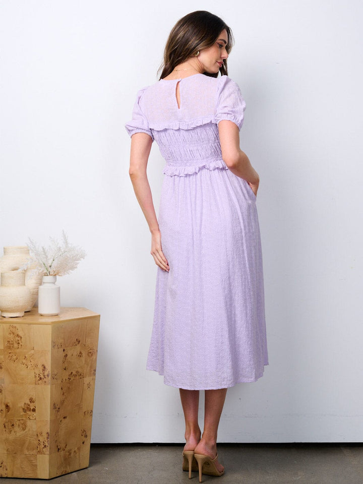 WOMEN'S SHORT PUFF SLEEVE POCKETS V-NECK RUFFLE MAXI DRESS