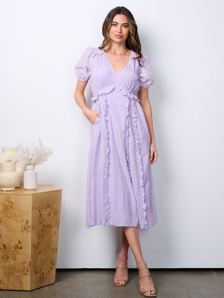 WOMEN'S SHORT PUFF SLEEVE POCKETS V-NECK RUFFLE MAXI DRESS