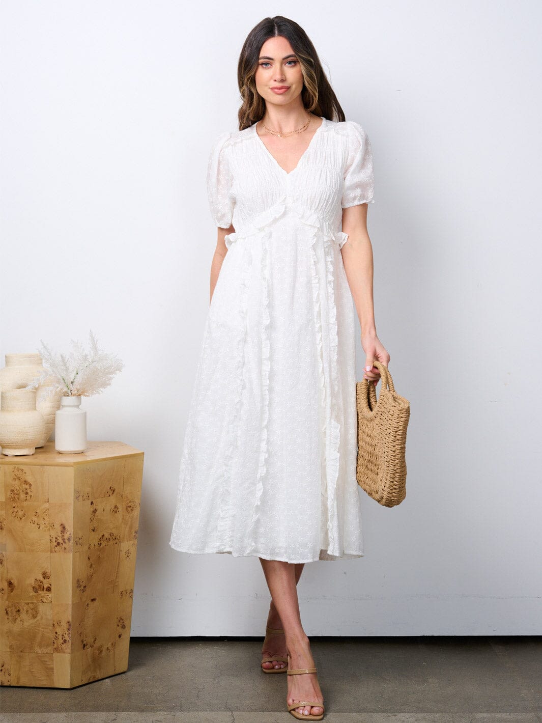 WOMEN'S SHORT PUFF SLEEVE POCKETS V-NECK RUFFLE MAXI DRESS