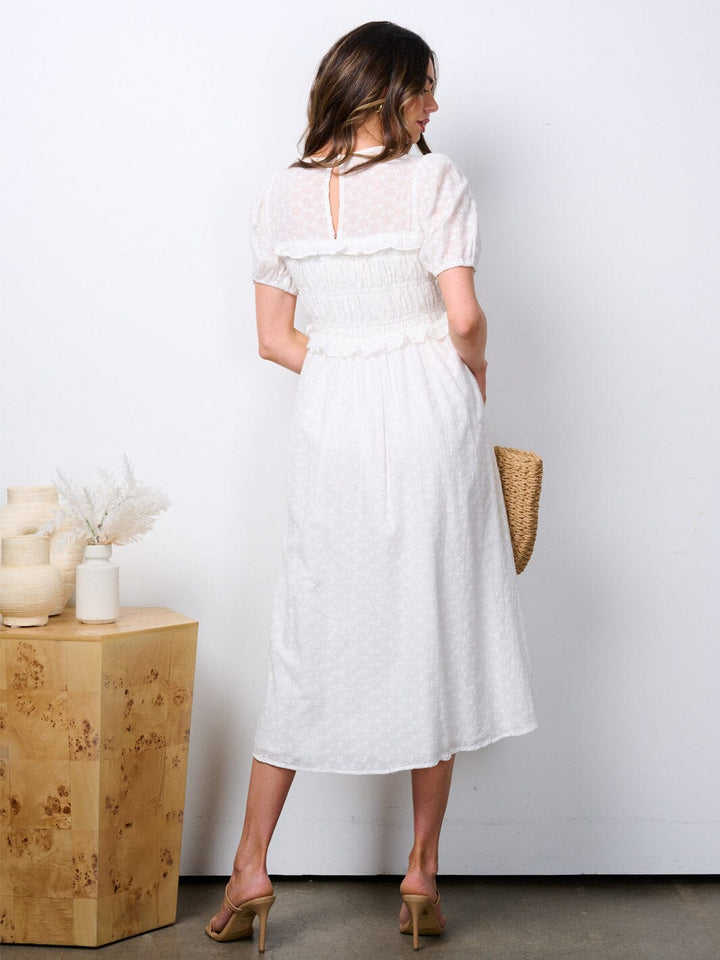 WOMEN'S SHORT PUFF SLEEVE POCKETS V-NECK RUFFLE MAXI DRESS
