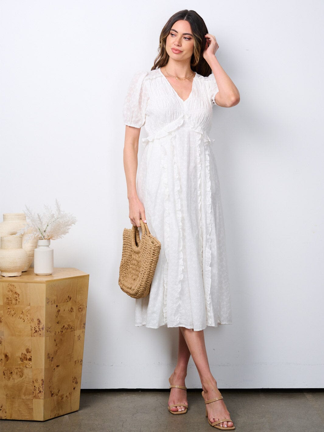 WOMEN'S SHORT PUFF SLEEVE POCKETS V-NECK RUFFLE MAXI DRESS