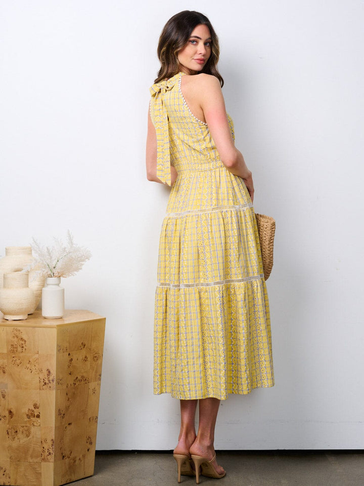 WOMEN'S SLEEVELESS SMOCK WAIST EYELET TIERED MAXI DRESS