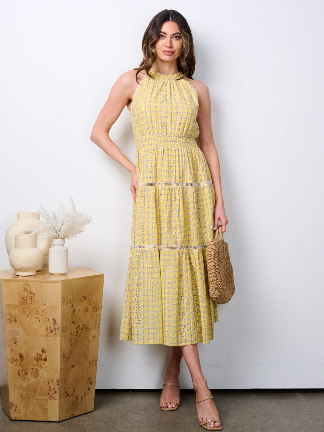 WOMEN'S SLEEVELESS SMOCK WAIST EYELET TIERED MAXI DRESS