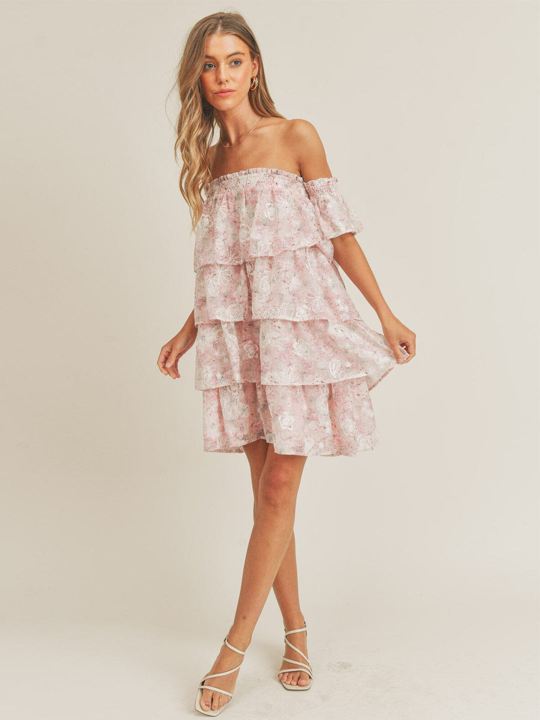 JUST ME WOMEN'S OFF SHOULDER RUFFLE TIERED EMBROIDERY FLORAL MINI DRESS