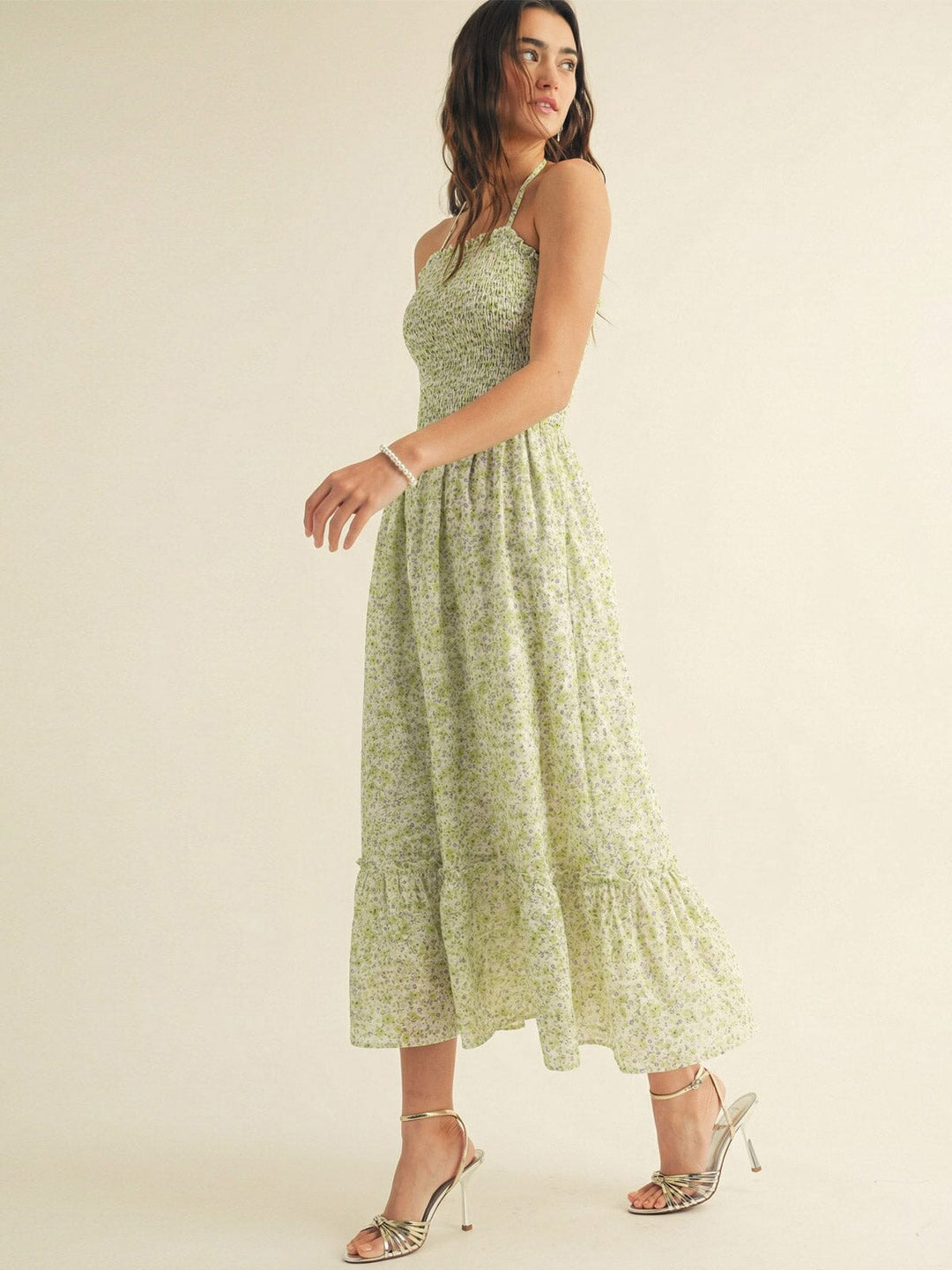 JUST ME WOMEN'S SLEEVELESS POCKETS SMOCK HALTER NECK FLORAL MAXI DRESS