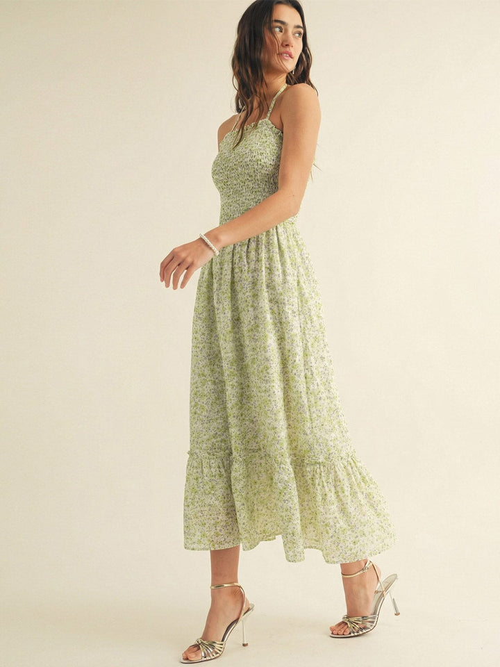 JUST ME WOMEN'S SLEEVELESS POCKETS SMOCK HALTER NECK FLORAL MAXI DRESS