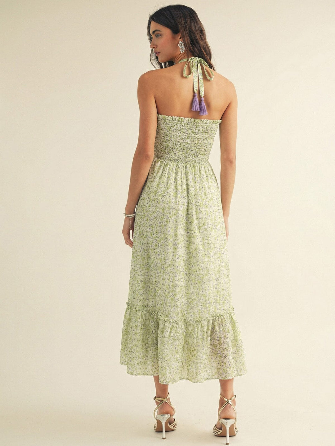 JUST ME WOMEN'S SLEEVELESS POCKETS SMOCK HALTER NECK FLORAL MAXI DRESS
