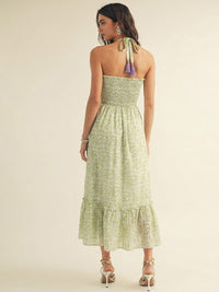 JUST ME WOMEN'S SLEEVELESS POCKETS SMOCK HALTER NECK FLORAL MAXI DRESS
