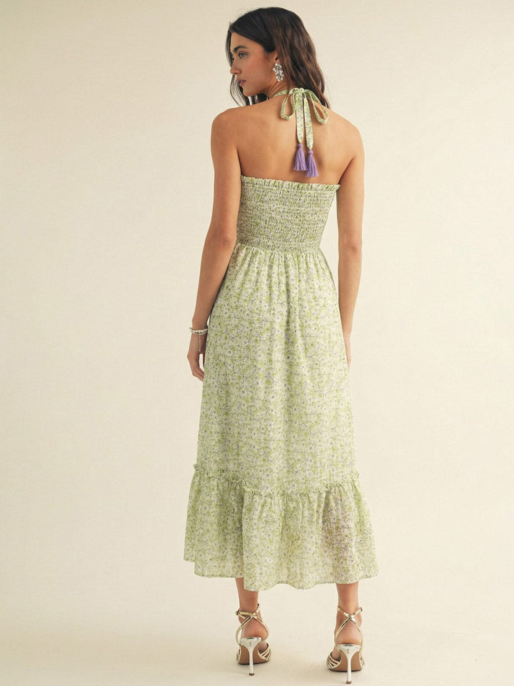 JUST ME WOMEN'S SLEEVELESS POCKETS SMOCK HALTER NECK FLORAL MAXI DRESS