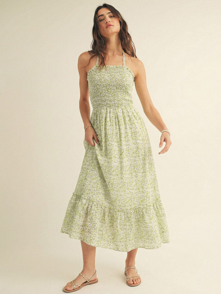JUST ME WOMEN'S SLEEVELESS POCKETS SMOCK HALTER NECK FLORAL MAXI DRESS