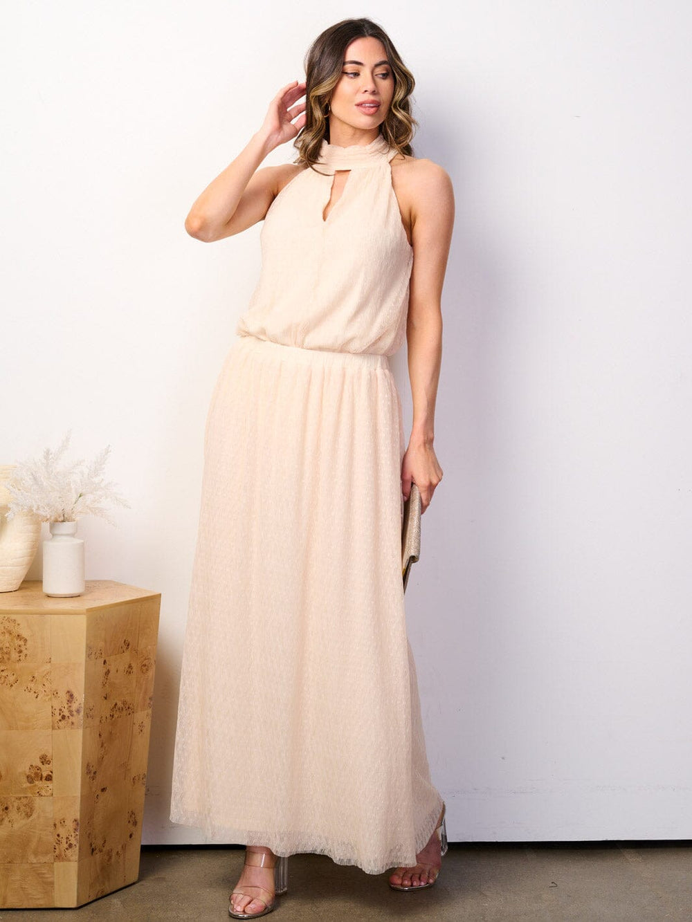 WOMEN'S SLEEVELESS HALTNER NECK BODYSUIT & MAXI SKIRT CHIFFON 2PC. SET