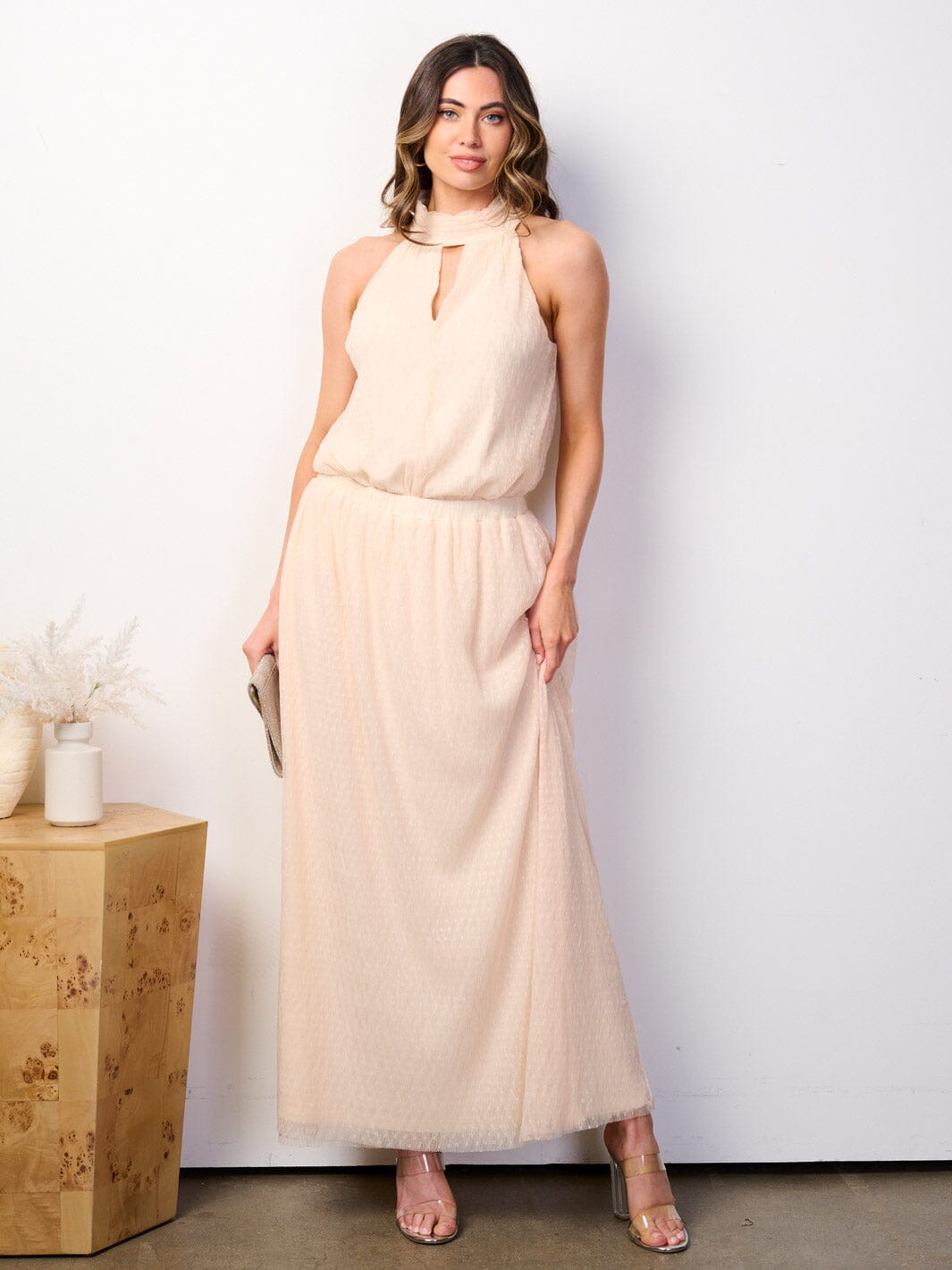 WOMEN'S SLEEVELESS HALTNER NECK BODYSUIT & MAXI SKIRT CHIFFON 2PC. SET