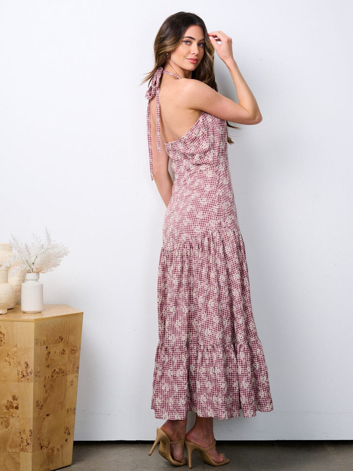 WOMEN'S SLEEVELESS HALTER NECK EMBROIDERY TIERED MAXI DRESS