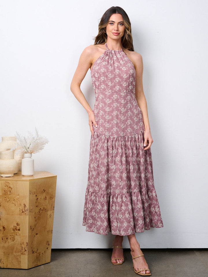 WOMEN'S SLEEVELESS HALTER NECK EMBROIDERY TIERED MAXI DRESS
