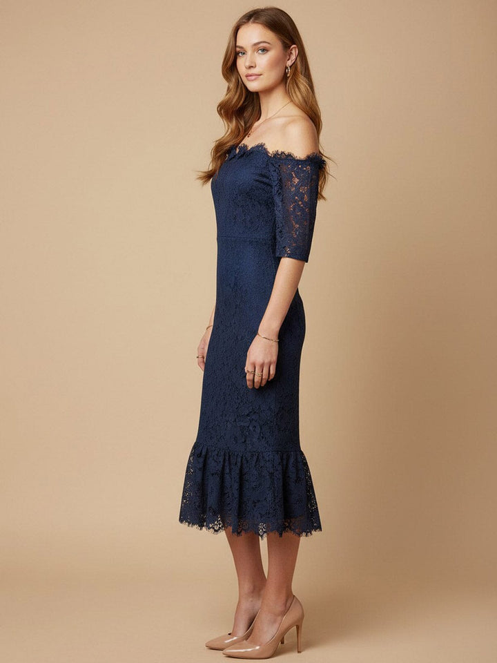 JUST ME WOMEN'SOFF SHOULDER SHORT SLEEVE FLORAL LACE BODYCON MIDI DRESS