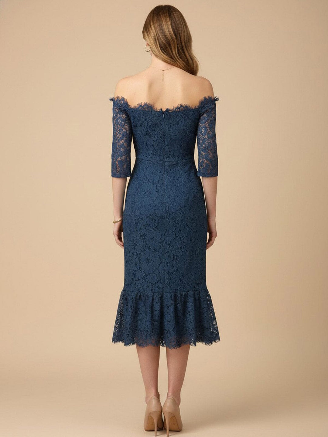 JUST ME WOMEN'SOFF SHOULDER SHORT SLEEVE FLORAL LACE BODYCON MIDI DRESS