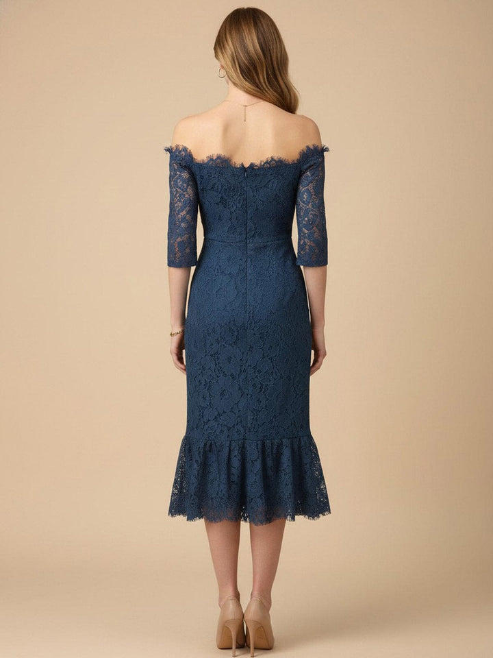 JUST ME WOMEN'SOFF SHOULDER SHORT SLEEVE FLORAL LACE BODYCON MIDI DRESS