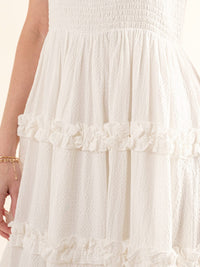 JUST ME WOMEN'S SLEEVELESS SQUARE NECK RUFFLE TIERED SMOCK MAXI DRESS