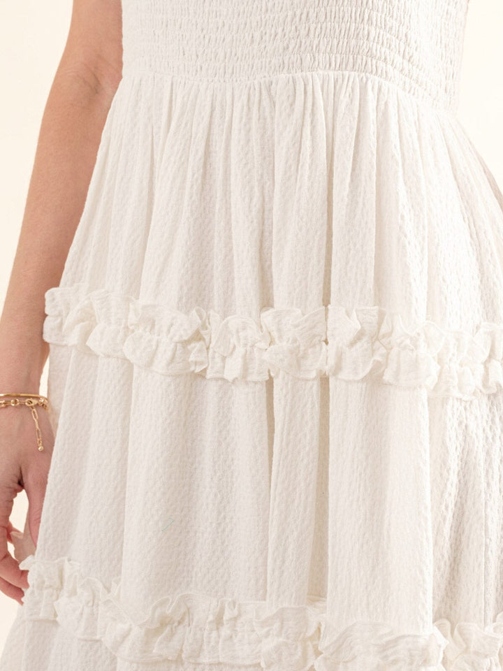 JUST ME WOMEN'S SLEEVELESS SQUARE NECK RUFFLE TIERED SMOCK MAXI DRESS