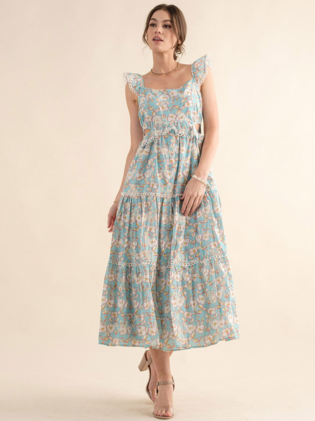 JUST ME WOMEN'S SLEEVELESS ELASTIC WAIST CUT OUT FRONT POCKETS FLORAL MAXI DRESS