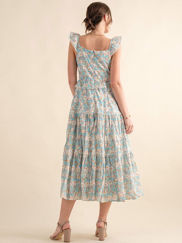 JUST ME WOMEN'S SLEEVELESS ELASTIC WAIST CUT OUT FRONT POCKETS FLORAL MAXI DRESS