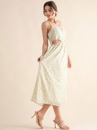 JUST ME WOMEN'S SLEEVELESS CUT OUT FRONT POCKETS FLORAL EYELET MAXI DRESS
