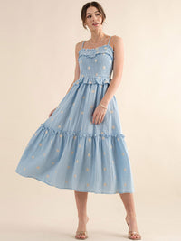 JUST ME WOMEN'S SLEEVELESS SMOCK FRONT POCKETS TIERED FLORAL MAXI DRESS