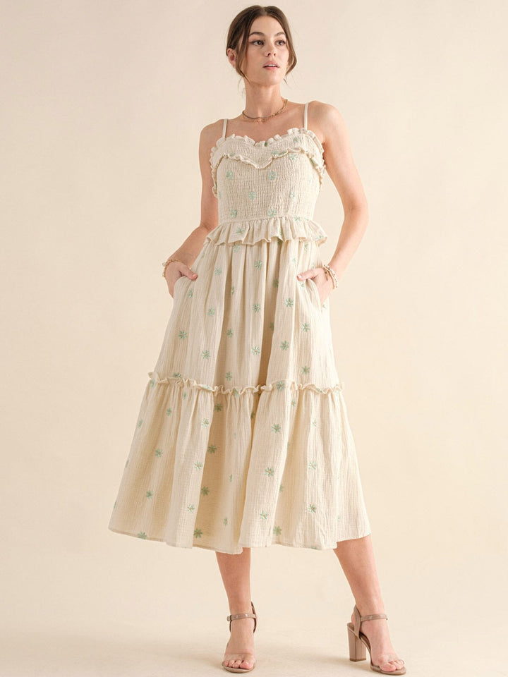 JUST ME WOMEN'S SLEEVELESS SMOCK FRONT POCKETS TIERED FLORAL MAXI DRESS