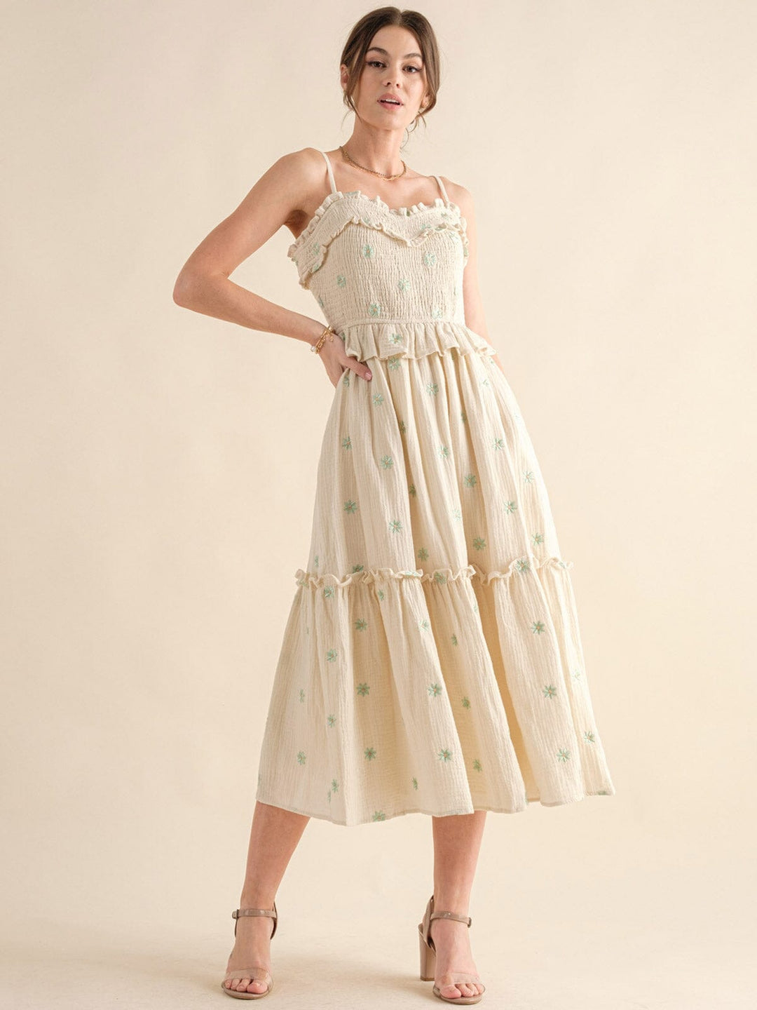 JUST ME WOMEN'S SLEEVELESS SMOCK FRONT POCKETS TIERED FLORAL MAXI DRESS