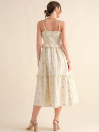 JUST ME WOMEN'S SLEEVELESS SMOCK FRONT POCKETS TIERED FLORAL MAXI DRESS