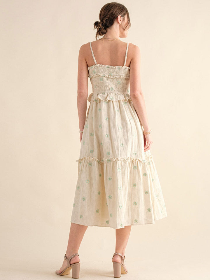 JUST ME WOMEN'S SLEEVELESS SMOCK FRONT POCKETS TIERED FLORAL MAXI DRESS