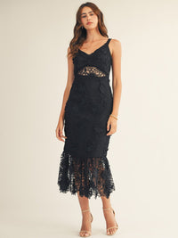 JUST ME WOMEN'S SLEEVELESS V-NECK FLORAL CROCHET BODYCON MAXI DRESS