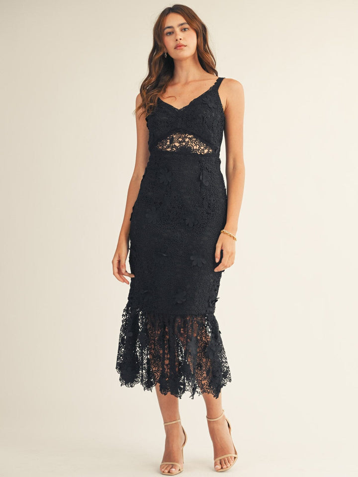 JUST ME WOMEN'S SLEEVELESS V-NECK FLORAL CROCHET BODYCON MAXI DRESS